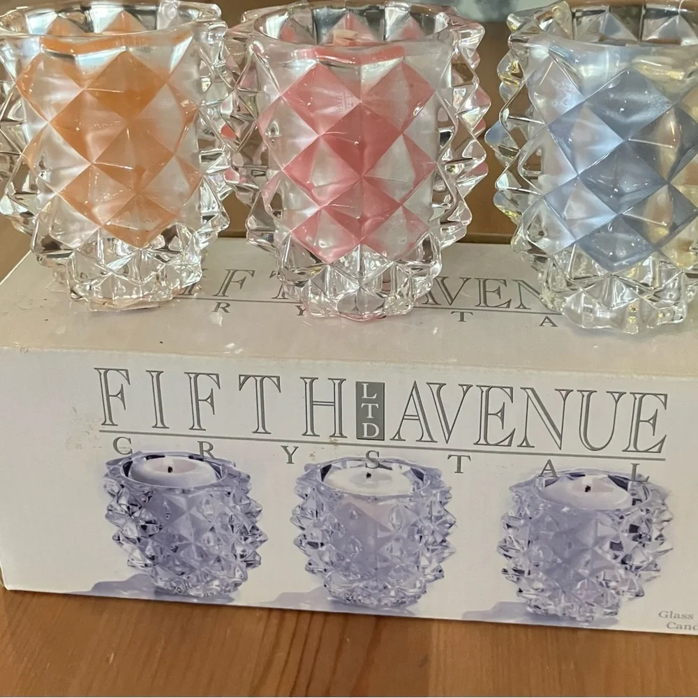 NEW Fifth Avenue Crystal Glass Pinecone Candle Holders - Set of 3, incl candles